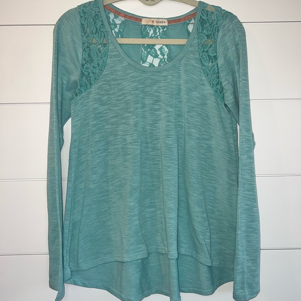 REWIND Teal Green Lace Hi-Lo Shirt Medium Boho Cottagecore Y2K Lace Back Shirt